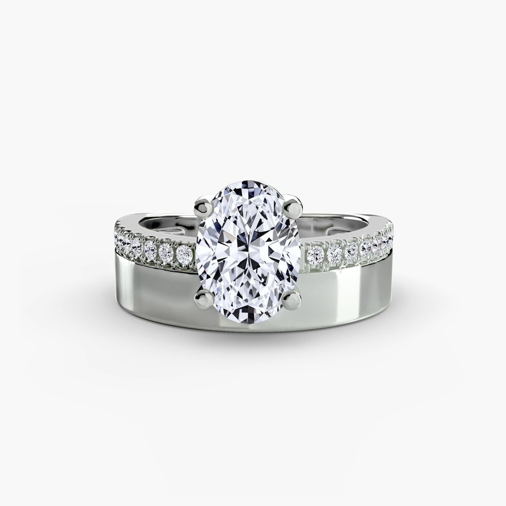 Wide Band Solitaire Ring with Pavé Band