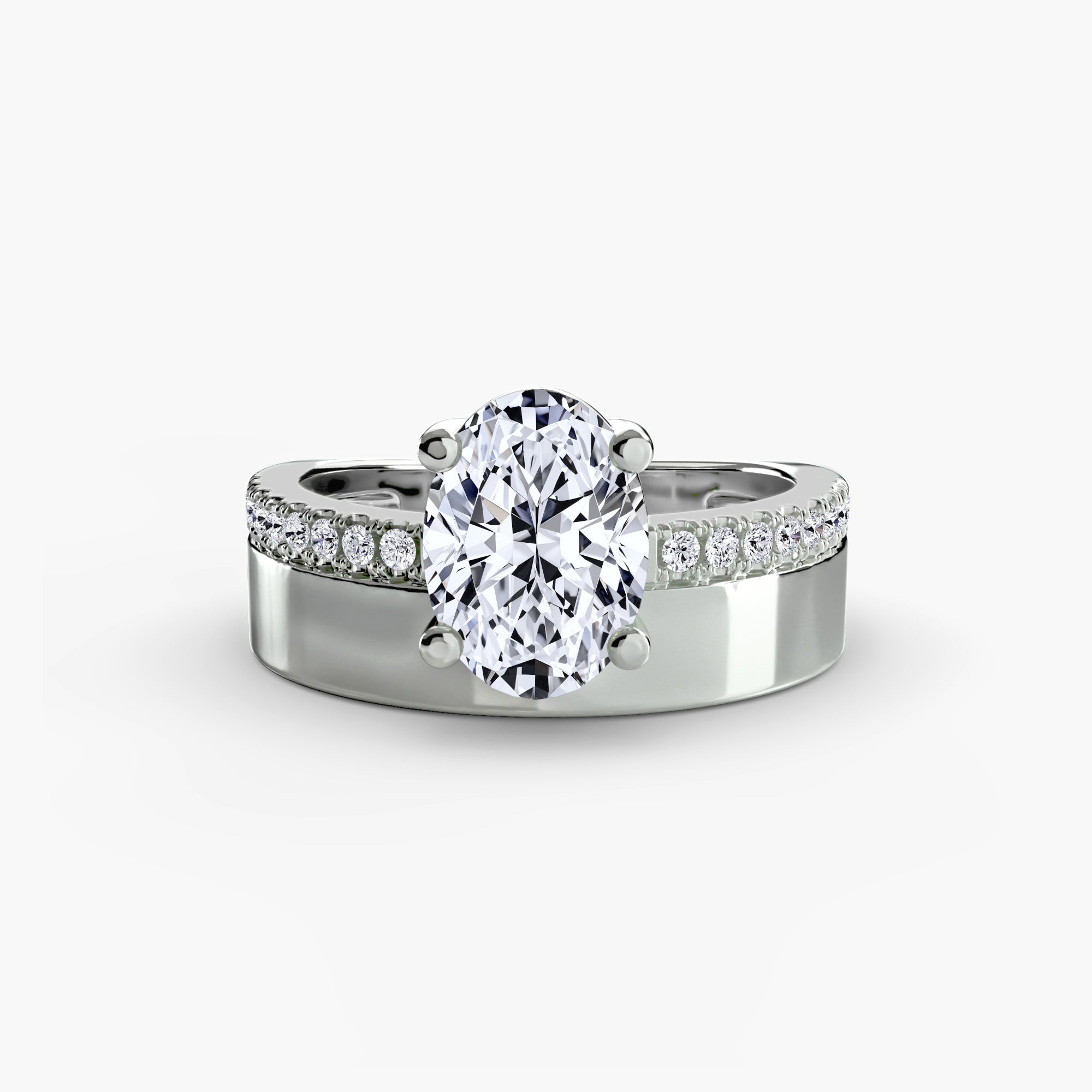 Wide Band Solitaire Ring with Pavé Band