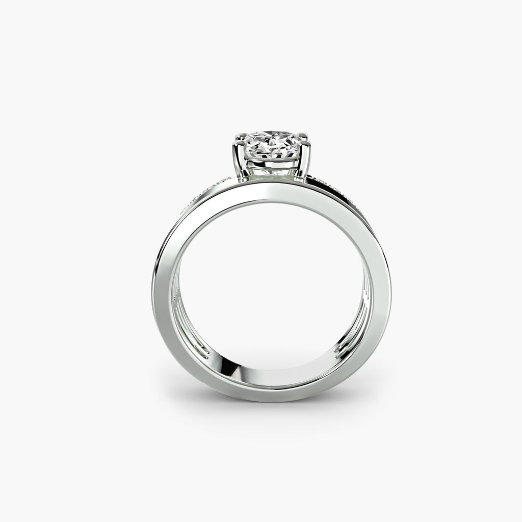 Wide Band Solitaire Ring with Pavé Band